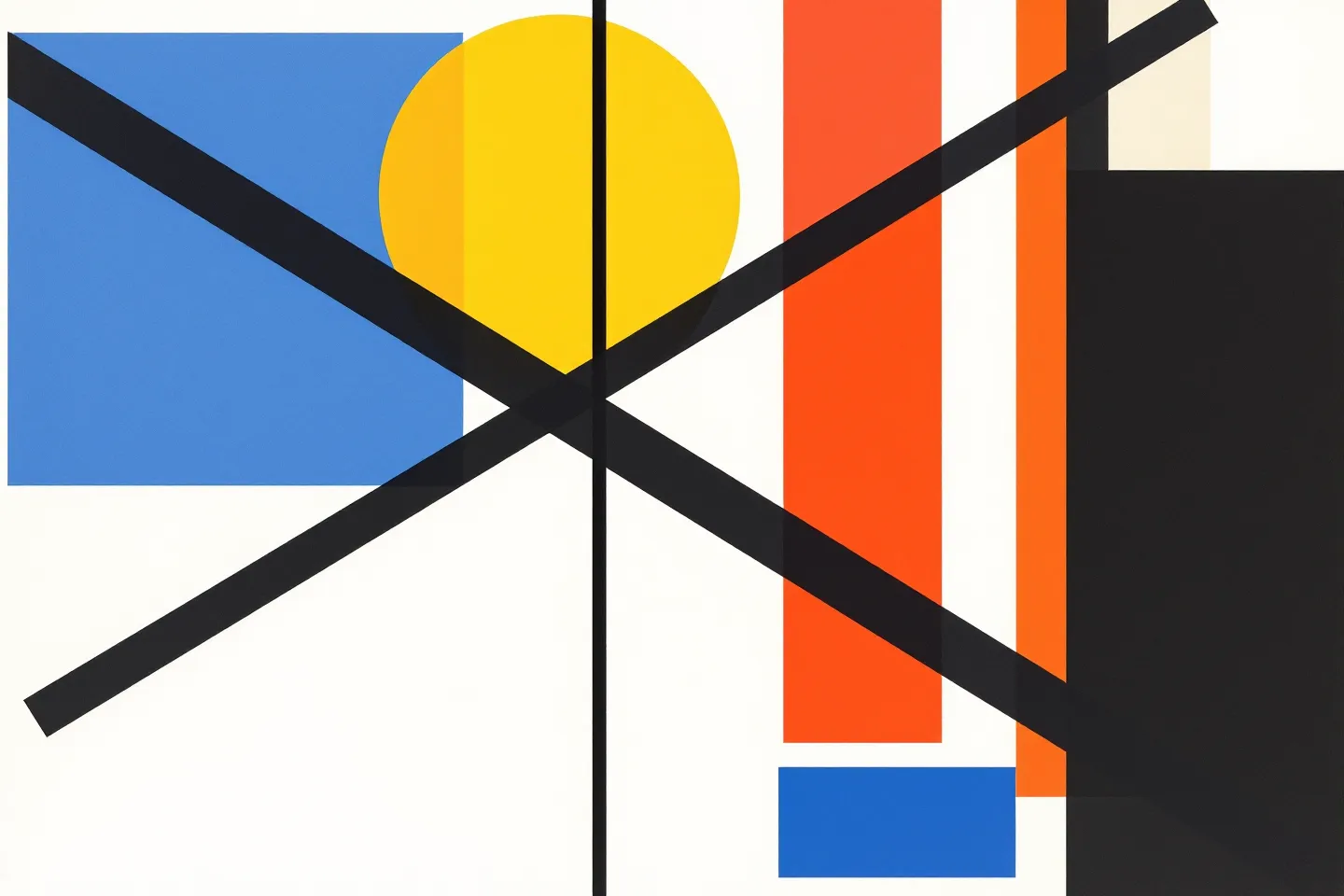 Bauhaus poster composition of a blue square, yellow circle, red rectangle and black triangle on white
